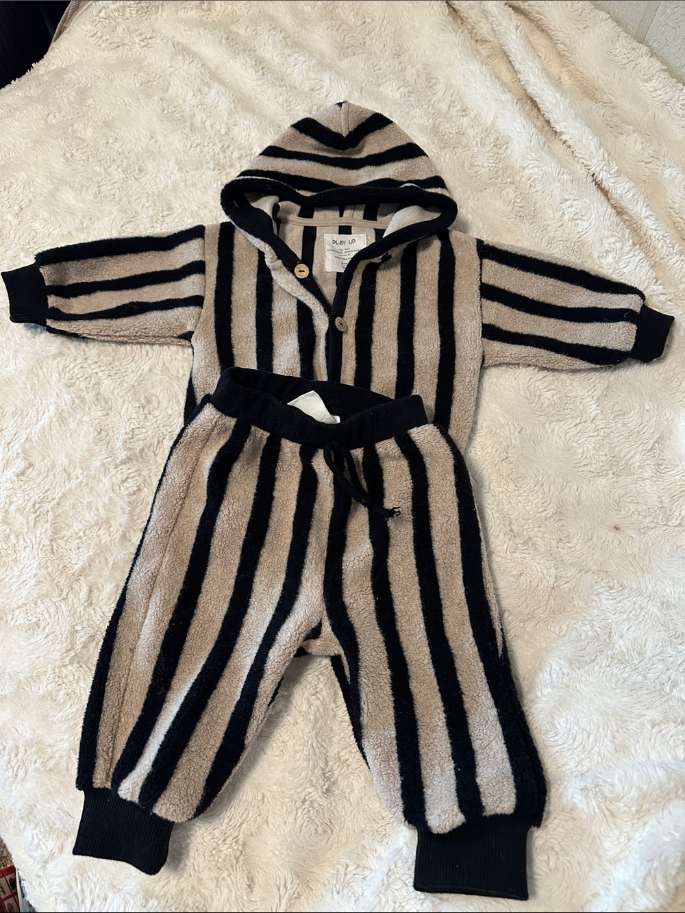 Striped Hooded Two-Piece Set in Beige & Black